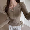 Feminine Henley Neck Long Sleeve T-Shirt for Women