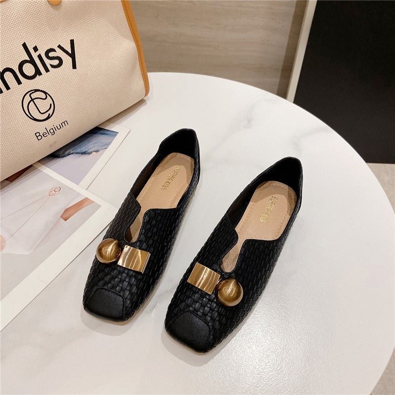 Retro square toe soft bottom flat beanie shoes for women square toe slip-on shoes