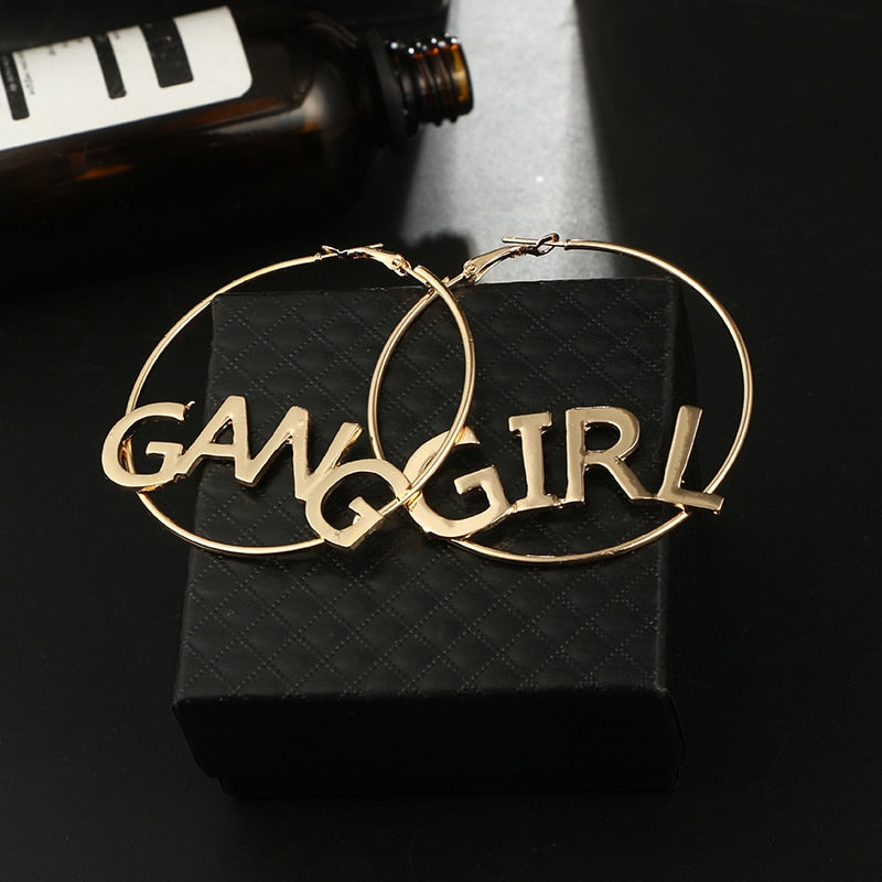 Bohemian Geometric Round Earring GIRL GANG LEtter Carving Pendant Drop Earring Pericing Earring
