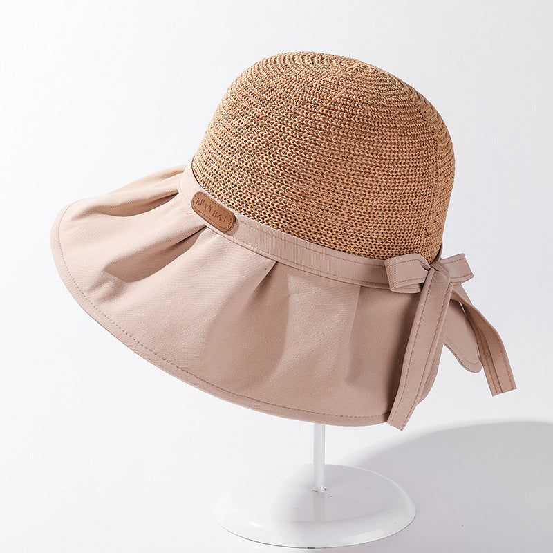 Ladies Bow Sun Hat Pleated Big Brim Stitching Fisherman...