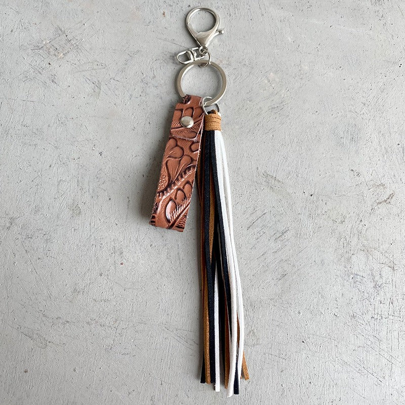 European and American Keyring Retro Embossed Brown Cow Leather Keychain Leather Tassel Personalized Handmade Pendant