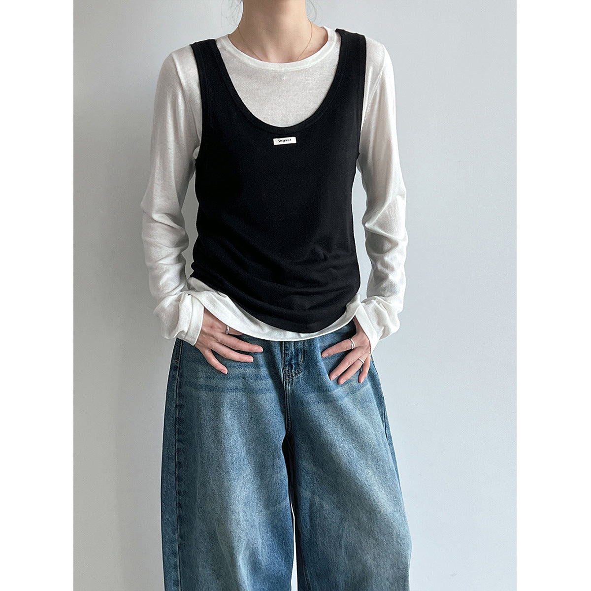 Layered Knit Camisole Top for Women, Letter Weave Label, Simple Basic Shirt