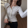 Feminine Henley Neck Long Sleeve T-Shirt for Women