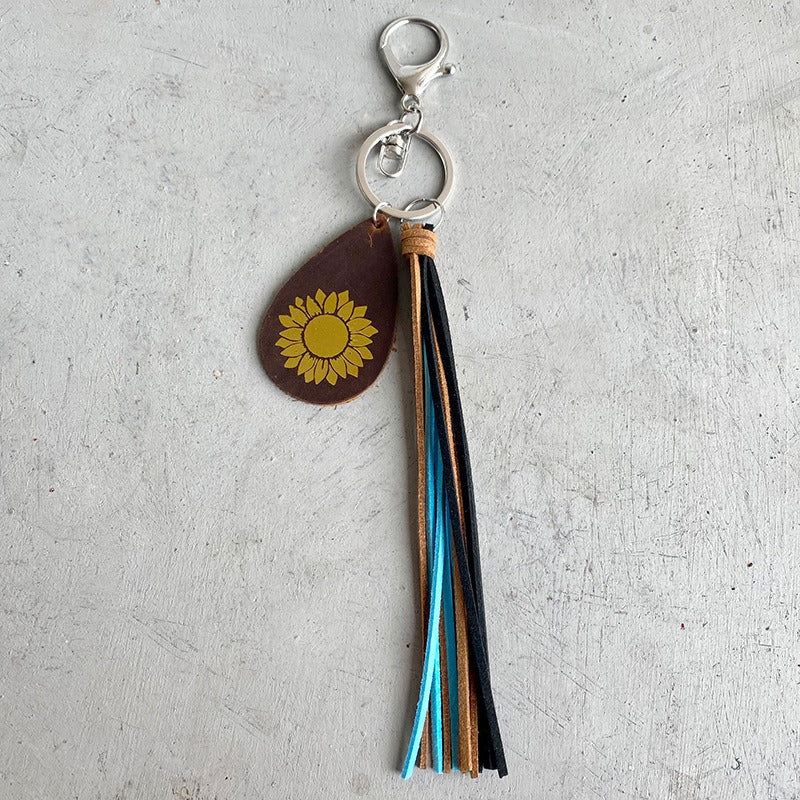 Crazy Horse Skin Keychain Texture Hot Gold Sunflower Cross Droplet Shape Keyring Leather Tassel Pendant