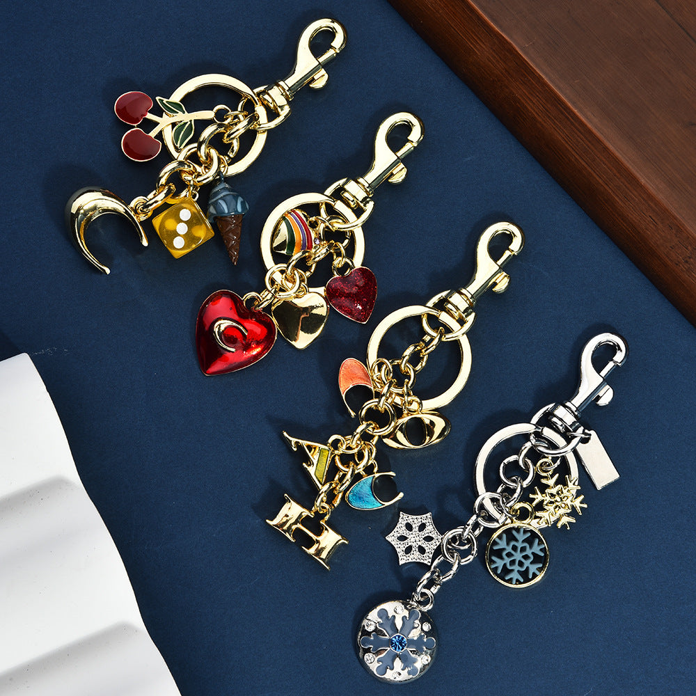Metal keychain cute fruit set with diamonds apple keyring pendant handbag keyring accessory for women