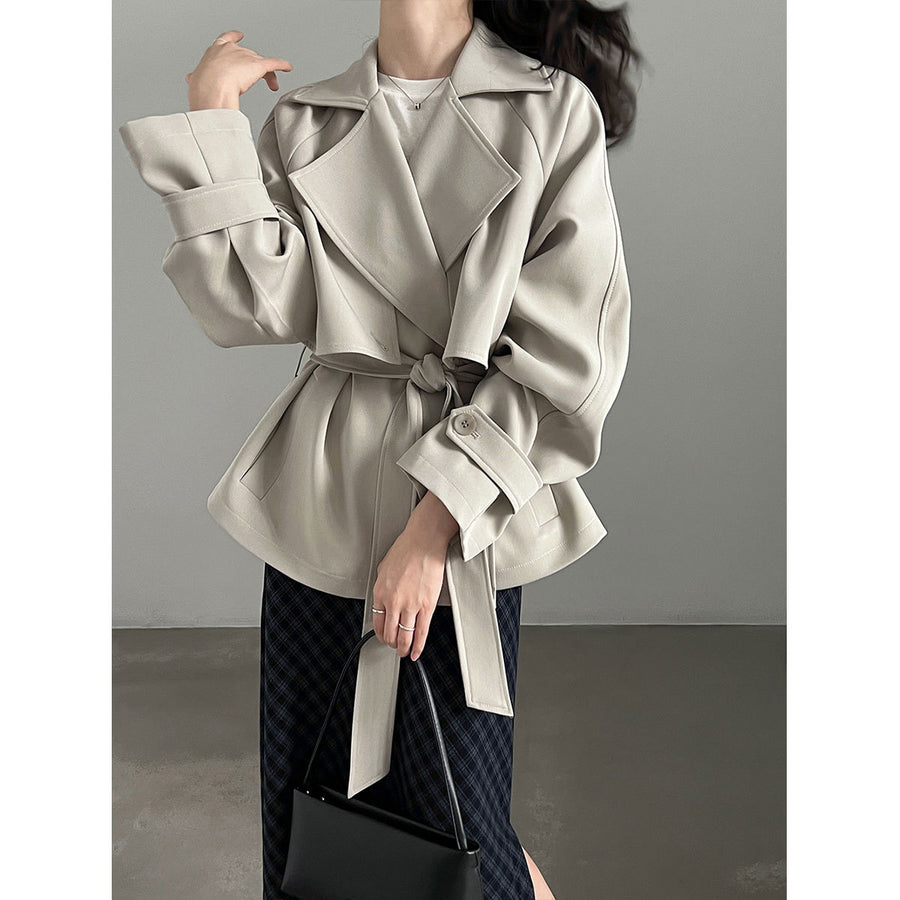 British Style Belted Waist Flip Collar Trench Coat for...