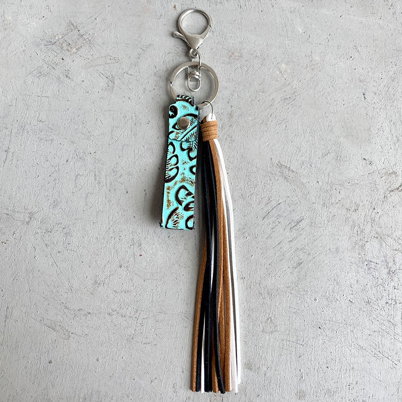 European and American Keyring Retro Embossed Brown Cow Leather Keychain Leather Tassel Personalized Handmade Pendant