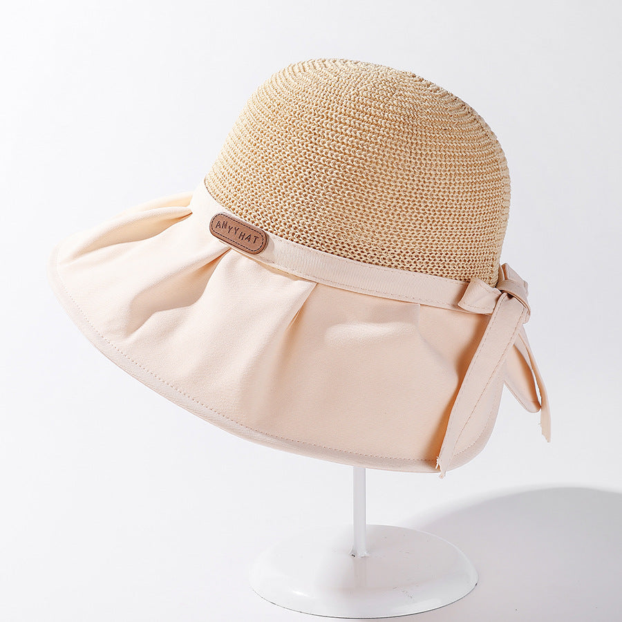 Ladies Bow Sun Hat Pleated Big Brim Stitching Fisherman Hat Elegant Temperament Sun Protection Hat Breathable Sun Hat
