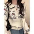 Fair Isle Vintage Jacquard Knit Cardigan Polo Neck Zipper...