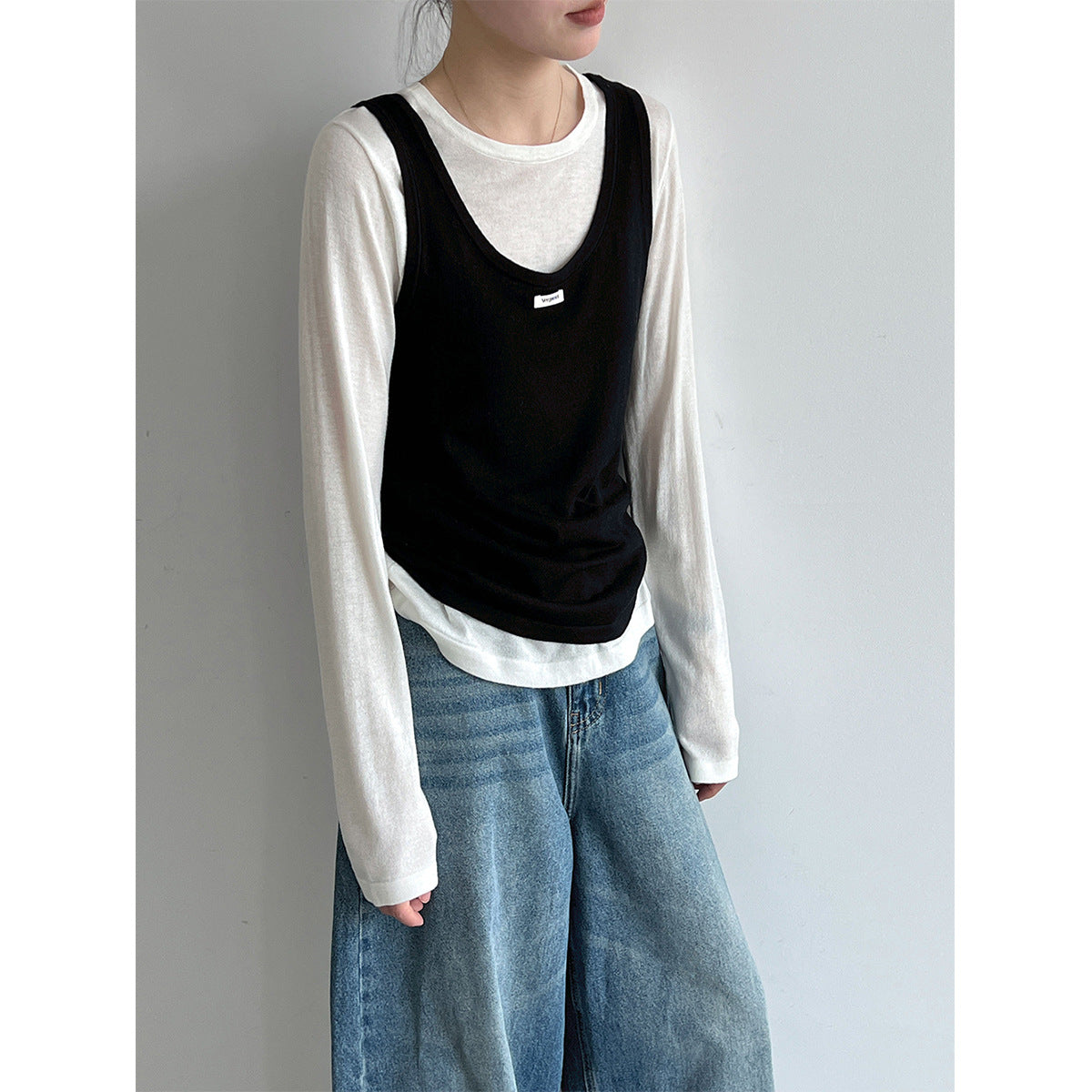 Layered Knit Camisole Top for Women, Letter Weave Label, Simple Basic Shirt