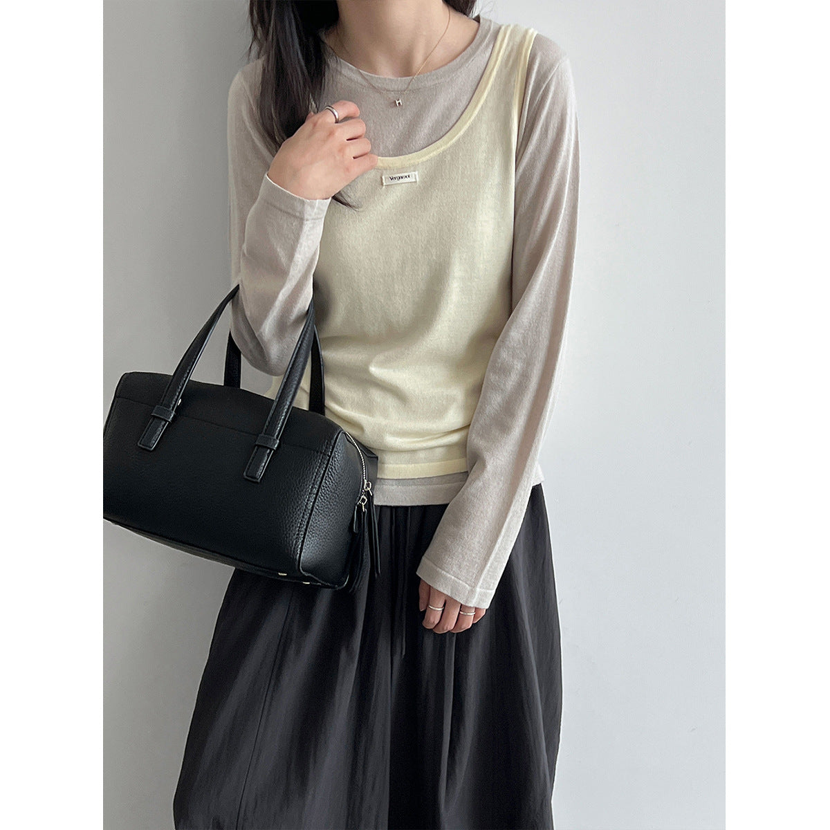 Layered Knit Camisole Top for Women, Letter Weave Label, Simple Basic Shirt