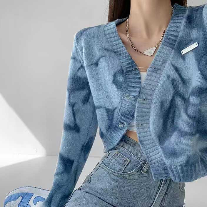 Boho Dye Knit Cardigan for Women, V-Neck Long Sleeve Loose Fit Short Sweater Coat