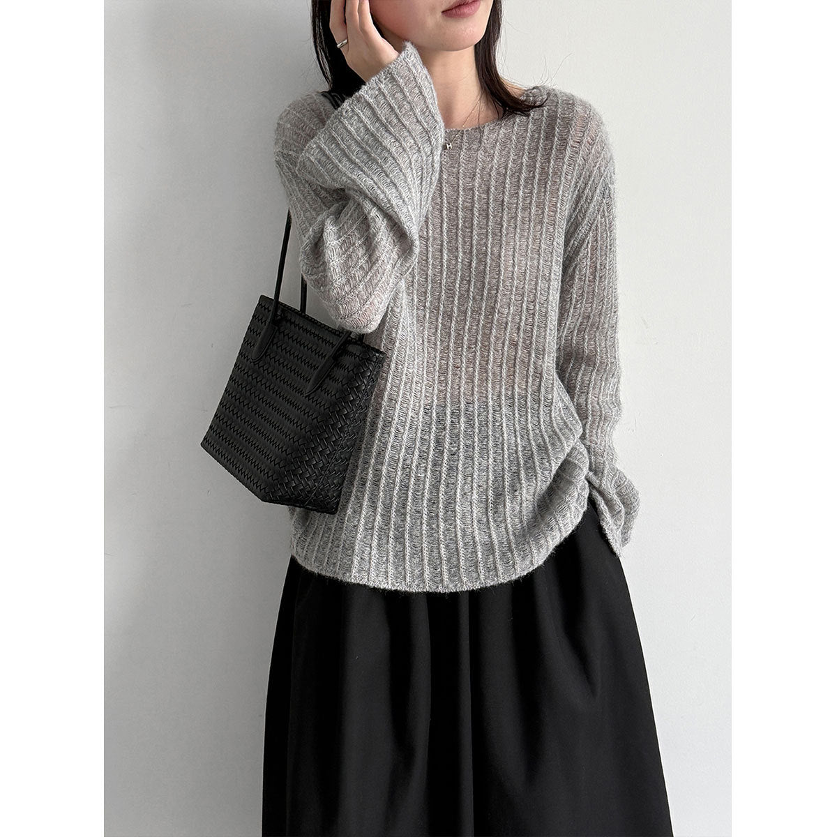 Lazy Knit Cardigan for Women, Hollow Knitwear with Flared Sleeves, Wool Blend, Relaxed Fit