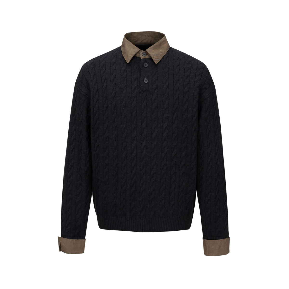 college-style patchwork collar cable-knit pullover sweater for men