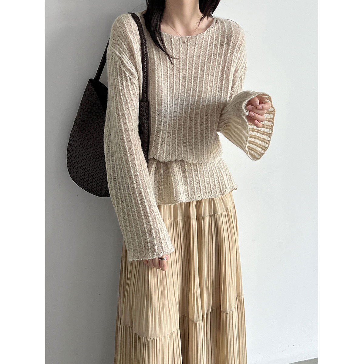 Lazy Knit Cardigan for Women, Hollow Knitwear with Flared Sleeves, Wool Blend, Relaxed Fit