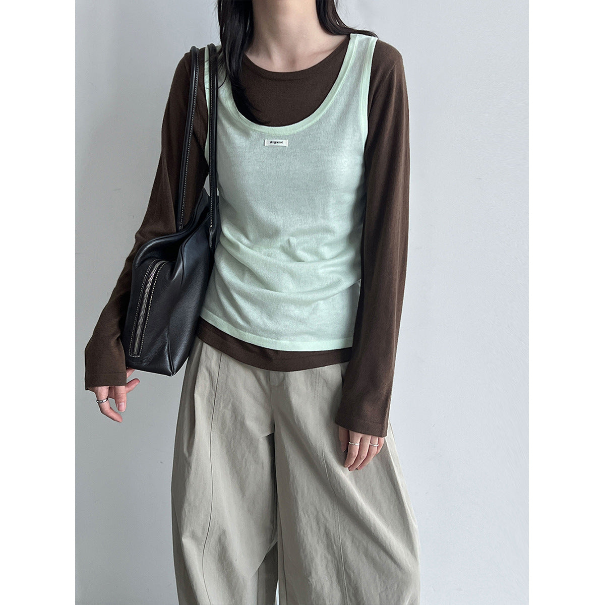 Layered Knit Camisole Top for Women, Letter Weave Label, Simple Basic Shirt