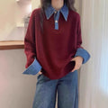 Color blocked denim patchwork polo collar long sleeved sweater for women