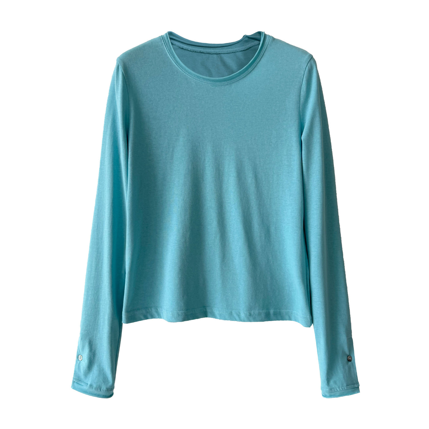Simple and Versatile Regular Shoulder Double-Layer Rolled Cuff Round Neck T-Shirt with Button Detail Long Sleeve