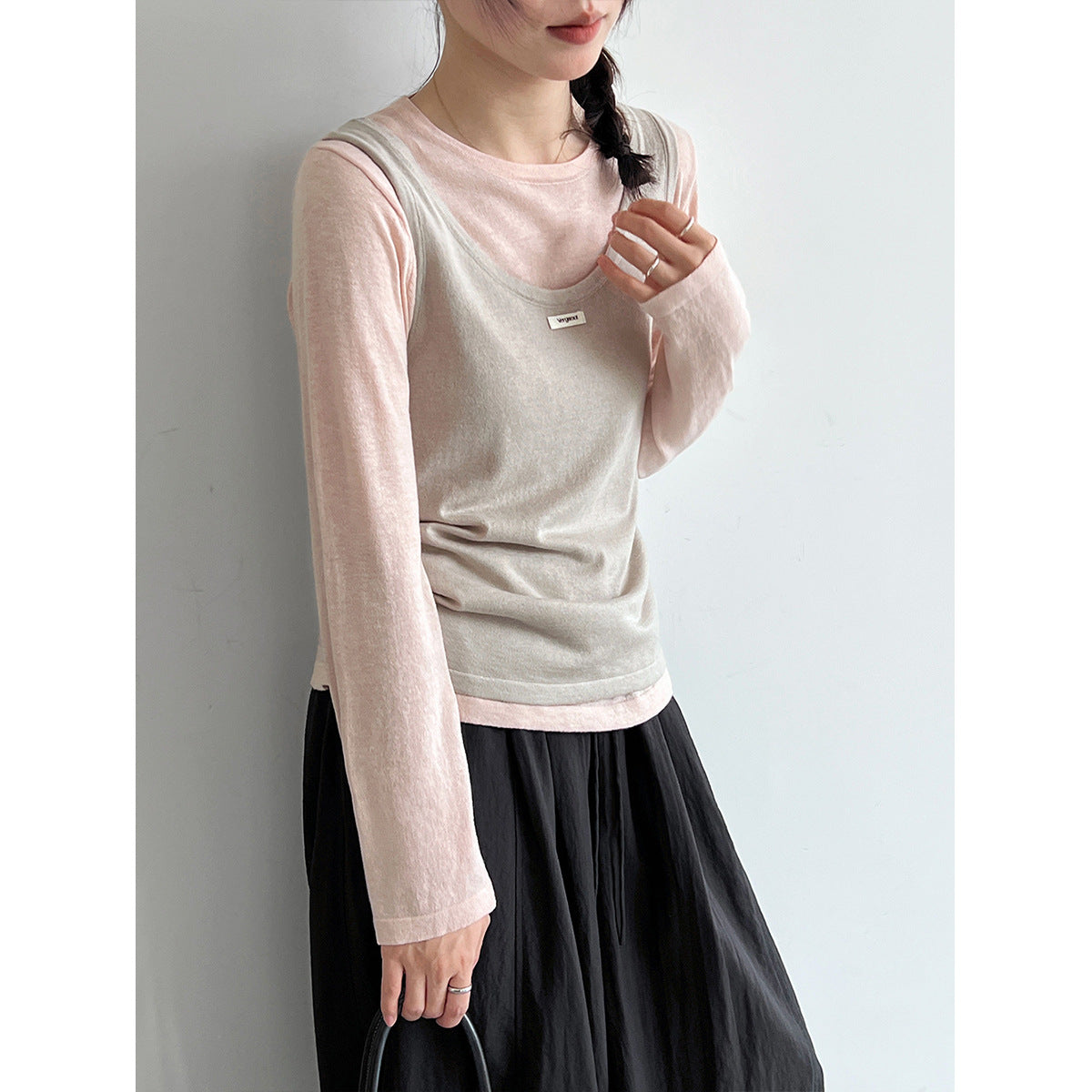 Layered Knit Camisole Top for Women, Letter Weave Label, Simple Basic Shirt