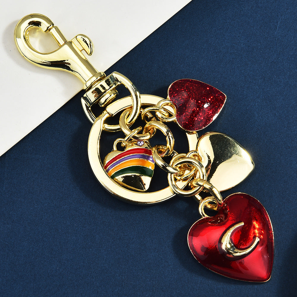 Metal keychain cute fruit set with diamonds apple keyring pendant handbag keyring accessory for women
