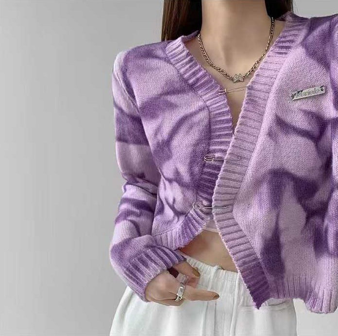 Boho Dye Knit Cardigan for Women, V-Neck Long Sleeve Loose Fit Short Sweater Coat