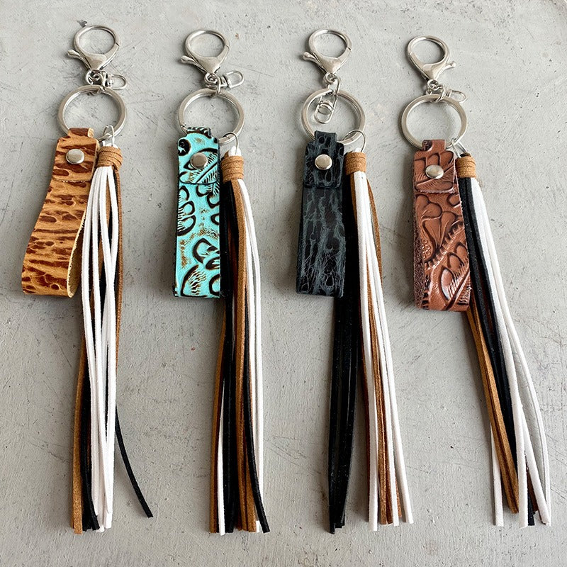 European and American Keyring Retro Embossed Brown Cow Leather Keychain Leather Tassel Personalized Handmade Pendant