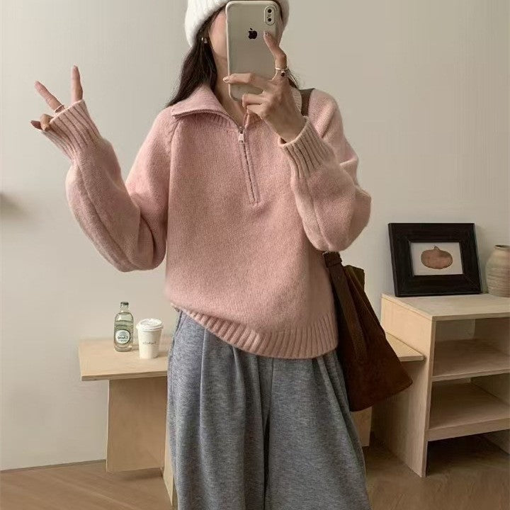 Half zip lapel pullover sweater for women