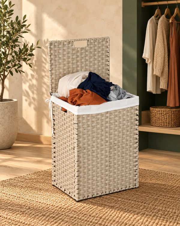 Laundry Hamper With Lid PE Rattan Powder Coating Frame Clothes Hampers with 02 Removable Bags, 100L, Grey Color