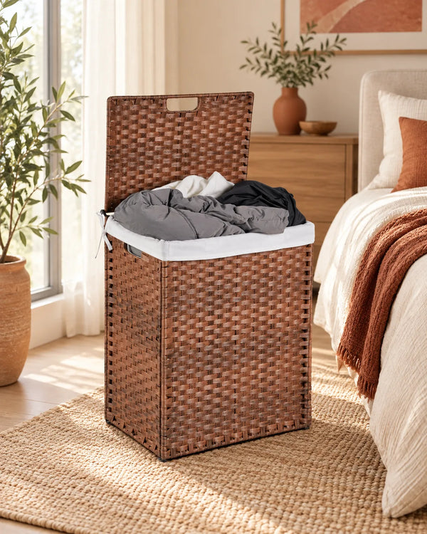Laundry Hamper With Lid PE Rattan Powder Coating Frame Clothes Hampers with 02 Removable Bags, 100L, Brown Color