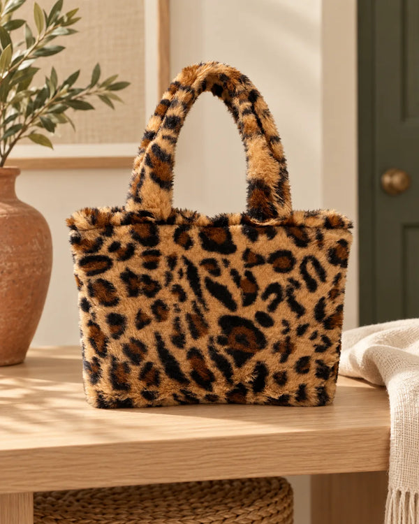 Leopard Fluff Handbag with Zip