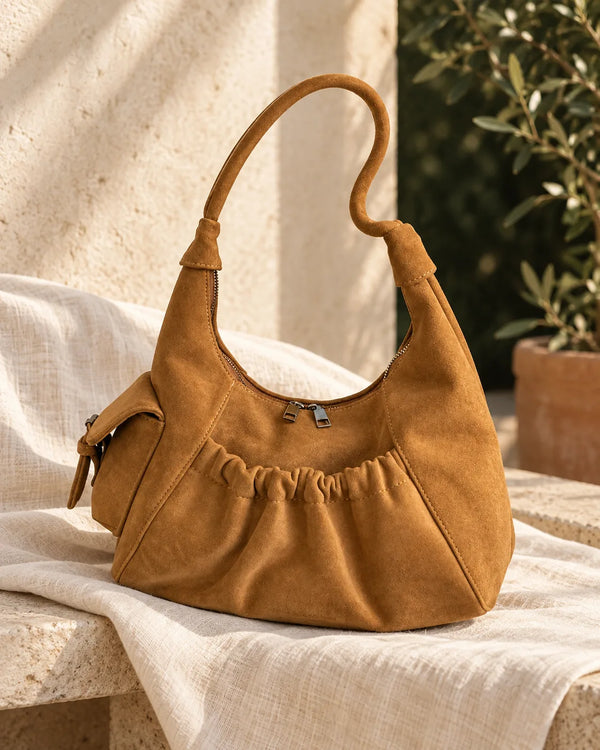 Ruched Suede Handbag with Zipper