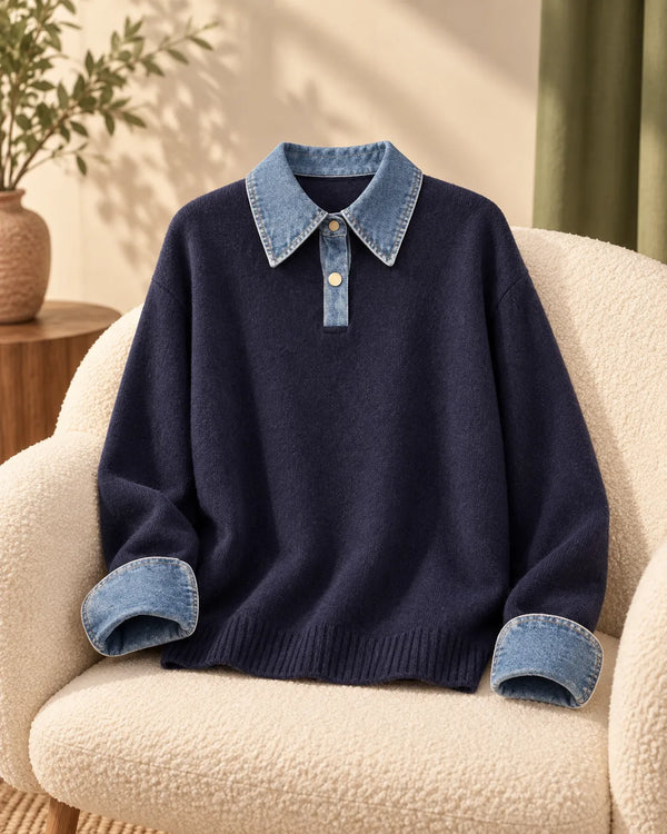 Color blocked denim patchwork polo collar long sleeved sweater for women