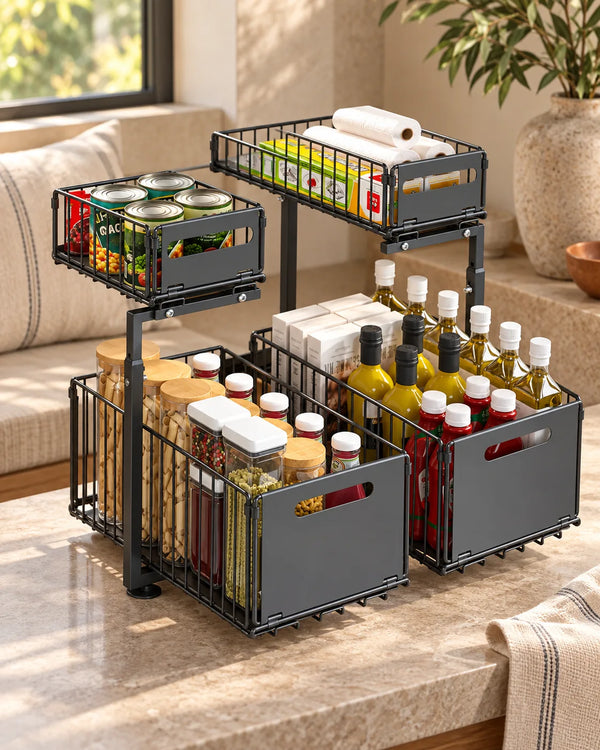 2-tier pull-out cabinet organizer, adjustable kitchen basket, under-sink organizer, spice rack, drawer slide.