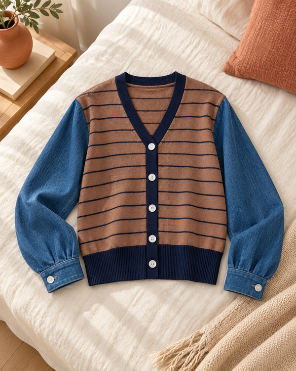 Striped Knit Denim Patchwork Jacket Women's Loose Short V-Neck Long Sleeve Sweater