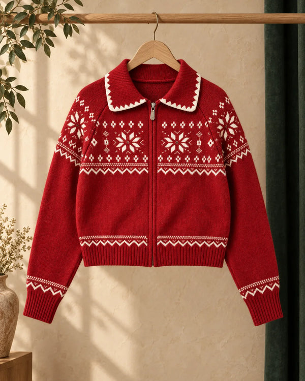 Fair Isle Vintage Jacquard Knit Cardigan Polo Neck Zipper Loose Sweater Coat Top