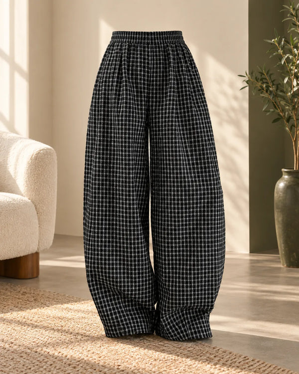Retro Color-Blocked Checkered Balloon Pants for Women, High Waist Loose Casual Wide Leg Pants