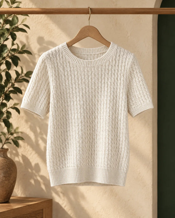 Cable Knit Short Sleeve Wool Round Neck T-Shirt for Women Slim Fit Top