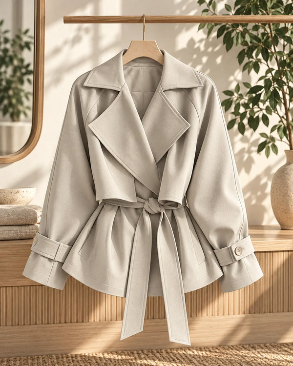 British Style Belted Waist Flip Collar Trench Coat for Women Short Outerwear with Elegant Chic Look