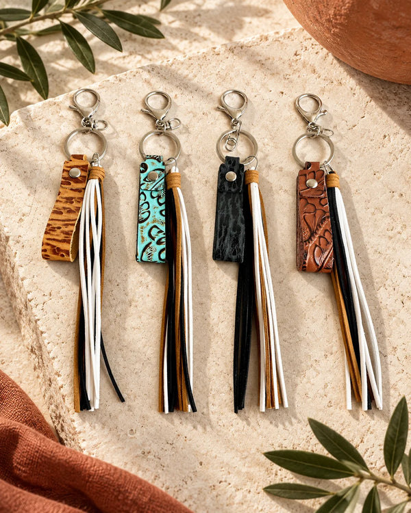 European and American Keyring Retro Embossed Brown Cow Leather Keychain Leather Tassel Personalized Handmade Pendant