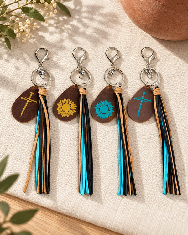 Crazy Horse Skin Keychain Texture Hot Gold Sunflower Cross Droplet Shape Keyring Leather Tassel Pendant