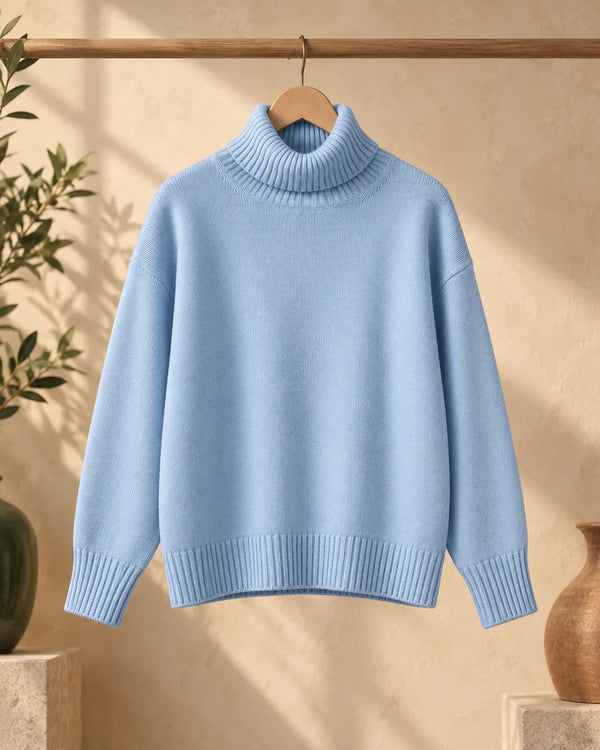 Versatile solid color high neck pullover sweater