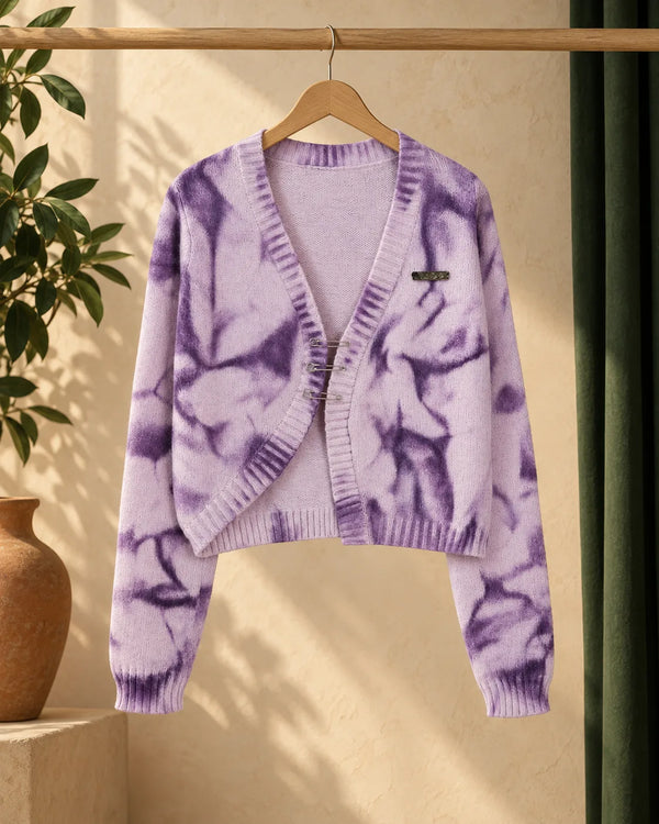 Boho Dye Knit Cardigan for Women, V-Neck Long Sleeve Loose Fit Short Sweater Coat