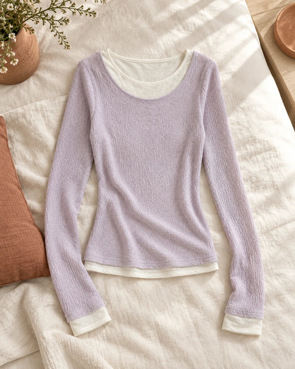 Wool Faux Two-Piece  Long Sleeve Basic Top for Women New Slim Fit Knitwear Shirt