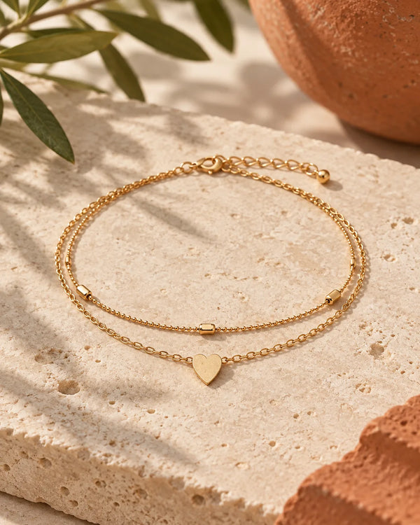 Double layered love beach anklet women's retro peach heart anklet