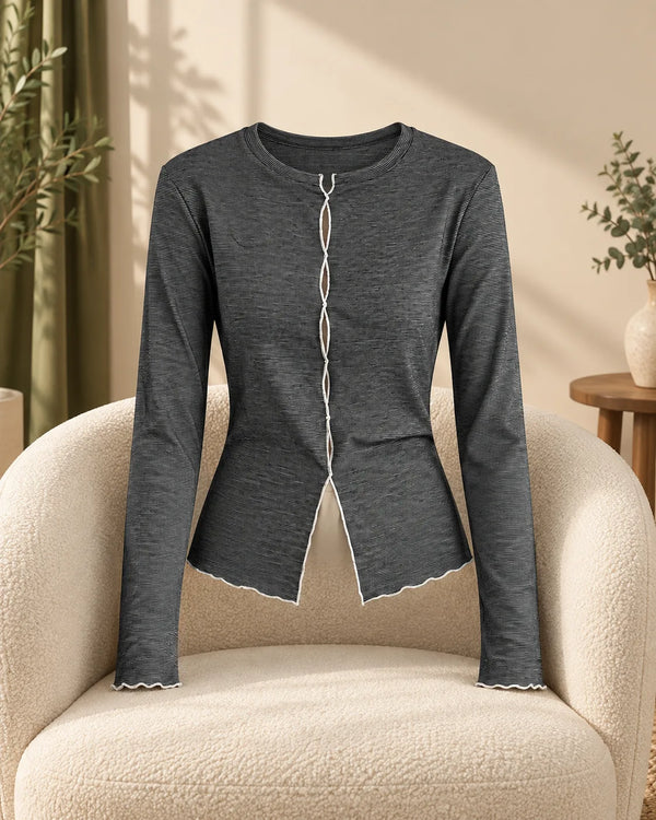 Color-Blocking Stripe Round Neck Long Sleeve Top for Women Hollow-Out T-Shirt Innerwear