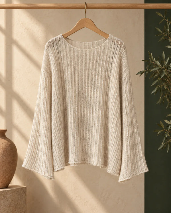 Lazy Knit Cardigan for Women, Hollow Knitwear with Flared Sleeves, Wool Blend, Relaxed Fit