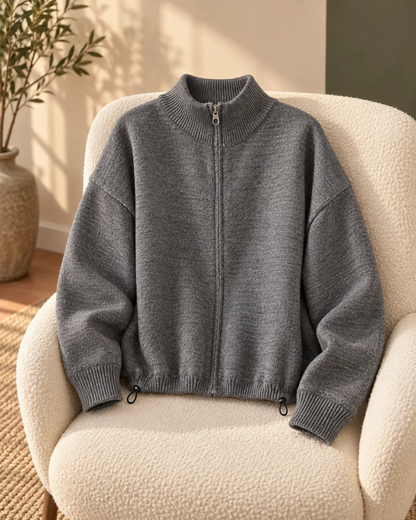 Deer West Stand Collar Zipper Drawstring Knit Sweater Women's  Autumn New Cardigan Versatile Hoodie Outerwear