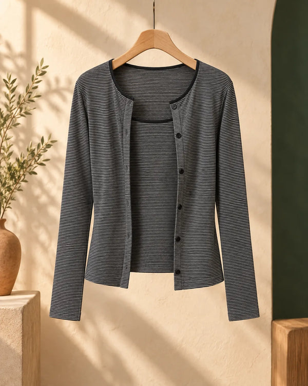 Striped Long Sleeve Cardigan + Matching Color Camisole Set for Women Slim-Fit Layered Two-Piece Outfit
