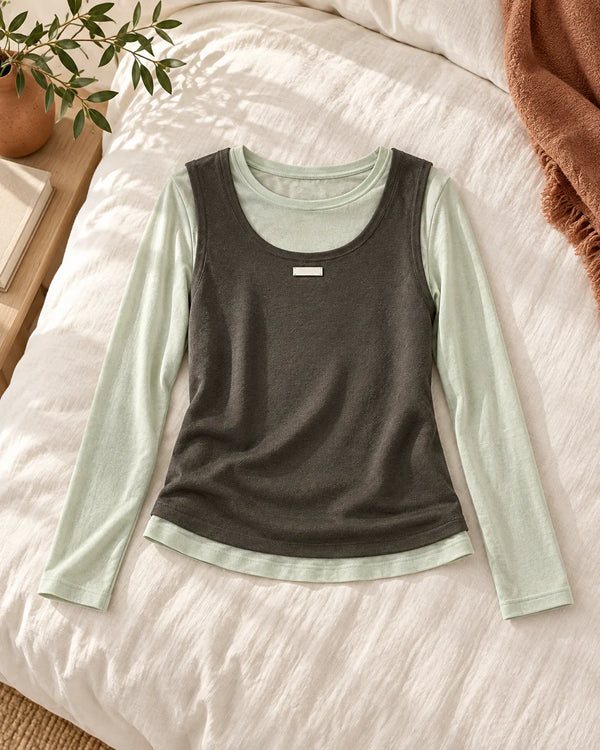 Layered Knit Camisole Top for Women, Letter Weave Label, Simple Basic Shirt