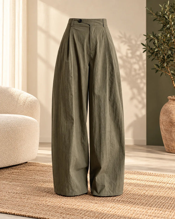 Diagonal Placket Patchwork Pleated Wide Leg Pants for Women  Casual Straight Fit Trousers